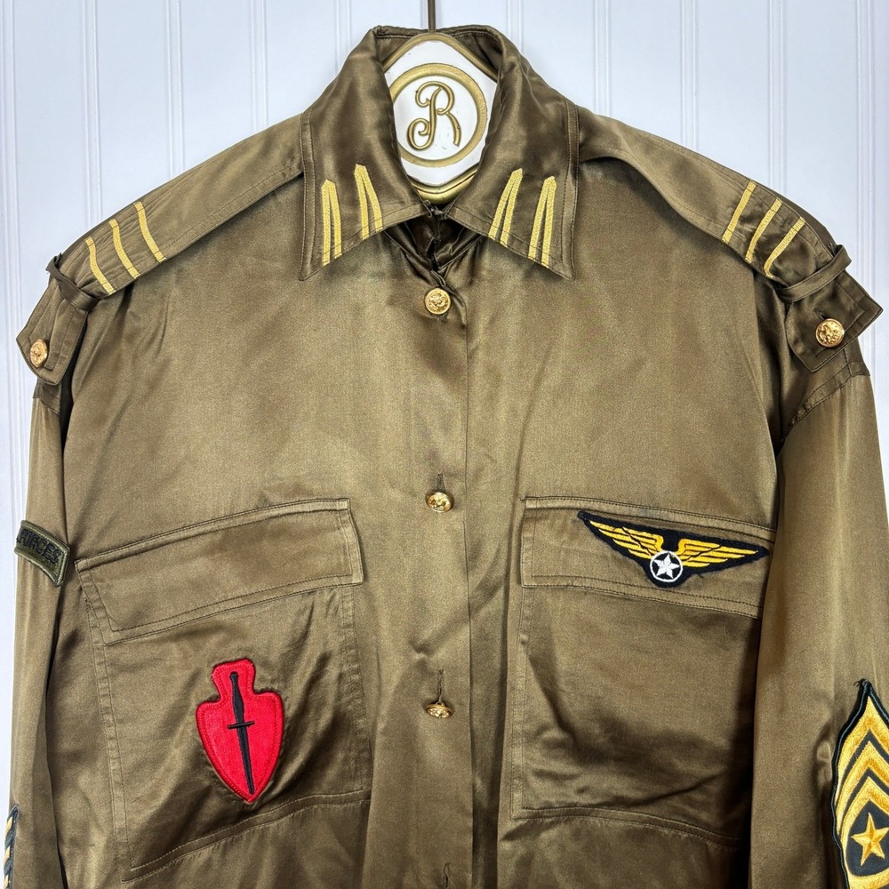 Baldanza Military Silk Shirt Women 4 Olive Green Patch Embroidered Epaulet - Picture 4 of 13